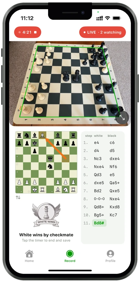 The recording screen: the camera view above the recognised position and the move list.