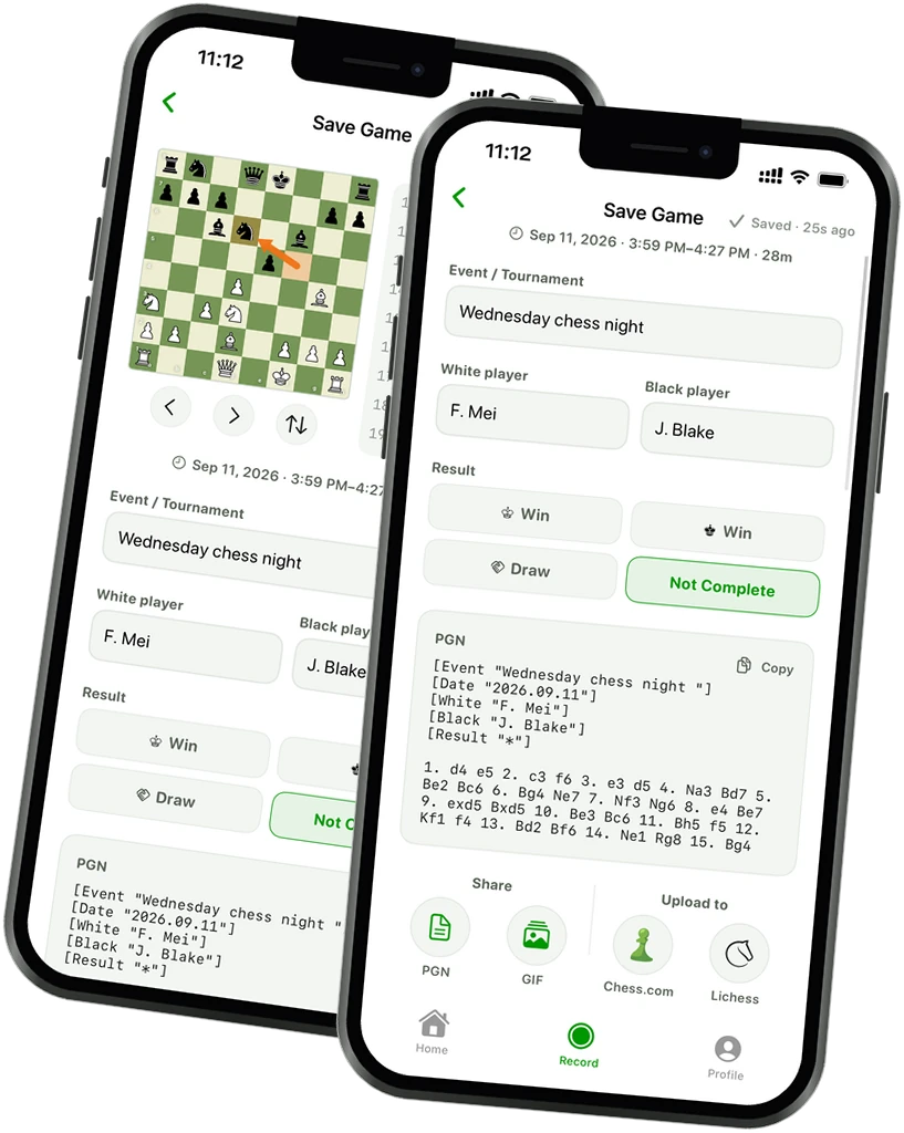 The Save Game screen: event, players, result, the PGN, and buttons to share or upload it.